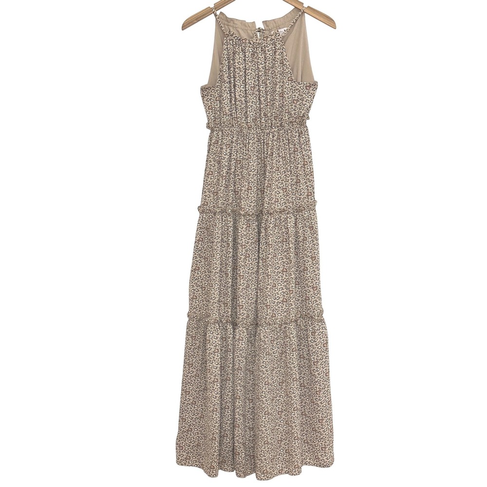 Nanette Lepore Women Dress 2 Beige Animal Print Flowy Tiered Halter Boho Neutral